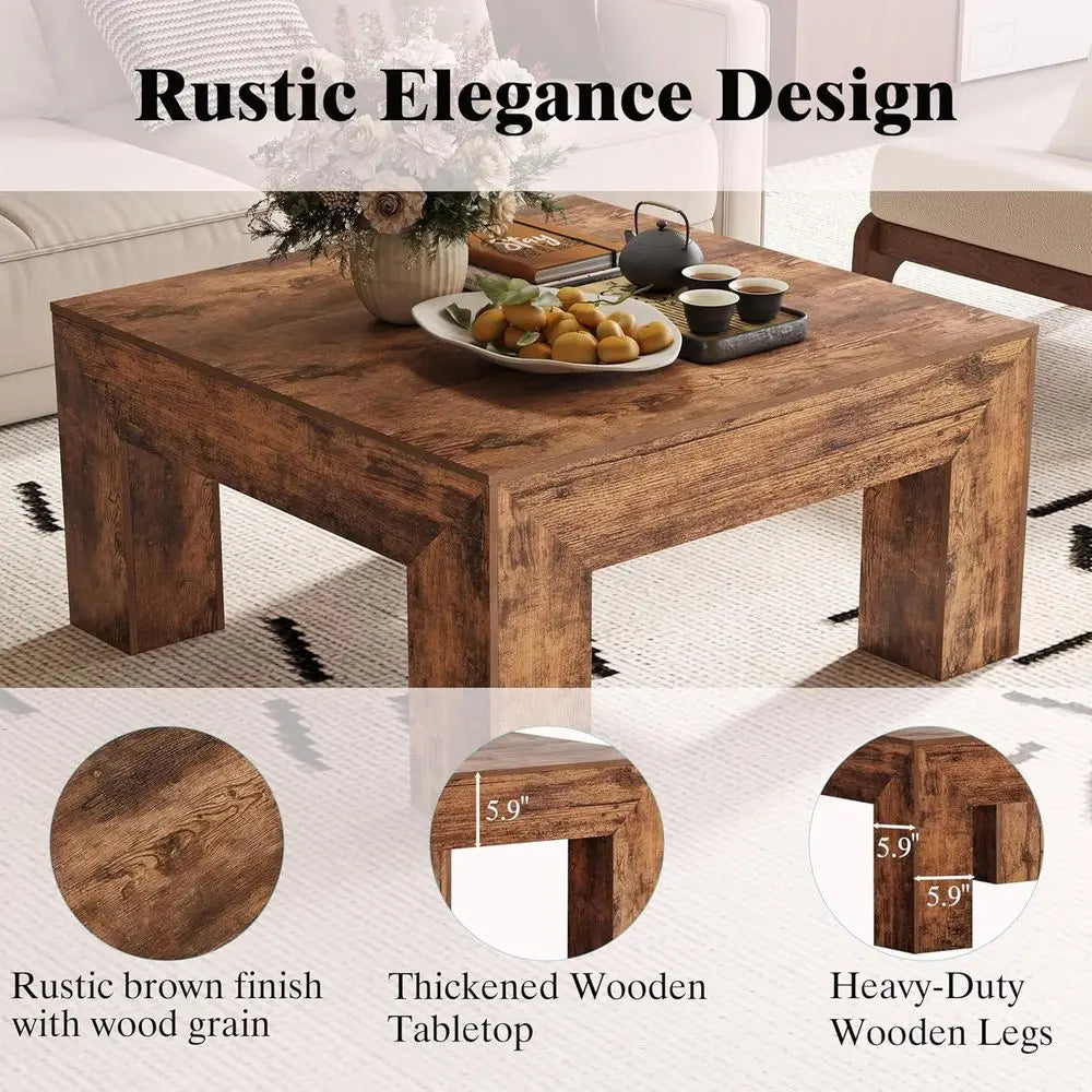 Wooden Square Coee Table,35.5 inch armhouse Low Cocktail with Thick Base or Living Room (Rustic Brown)