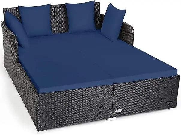 Outdoor Rattan Daybed, Sunbed Wicker Furniture w/Spacious Seat, Upholstered Cushion & High-Resilience Sponge, Wicker Patio Sofa