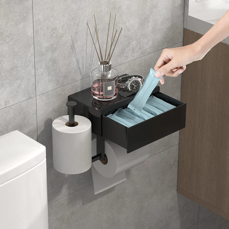 Black wall mounted toilet paper holder with shelf, no drilling required, drawer style tissue box, essential bathroom organizer