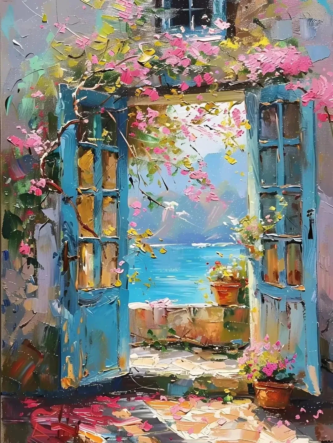 Abstract Colorful Graffiti Town Window Landscape Canvas Painting Modern Art Sea View Aesthetic Posters Prints Living Room Decor