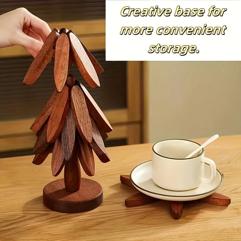 Natural Foldable Black Walnut Wooden Trivet Set -Trivets +Stand for Hot Dishes, Pot, Bowl, Teapot, Hot Pot Holders(Black Walnut)