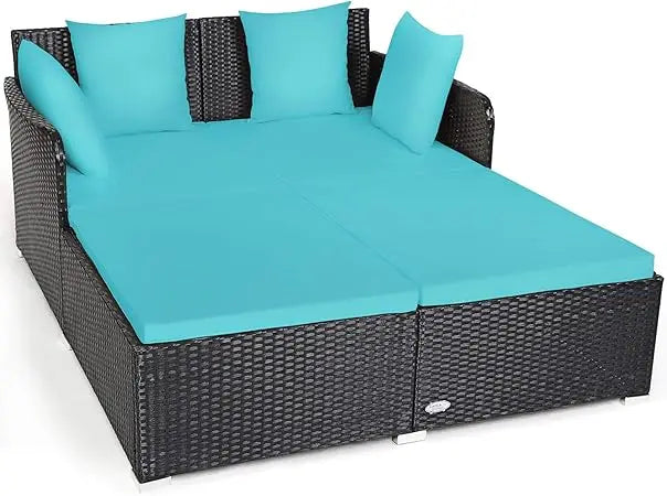 Outdoor Rattan Daybed, Sunbed Wicker Furniture w/Spacious Seat, Upholstered Cushion & High-Resilience Sponge, Wicker Patio Sofa
