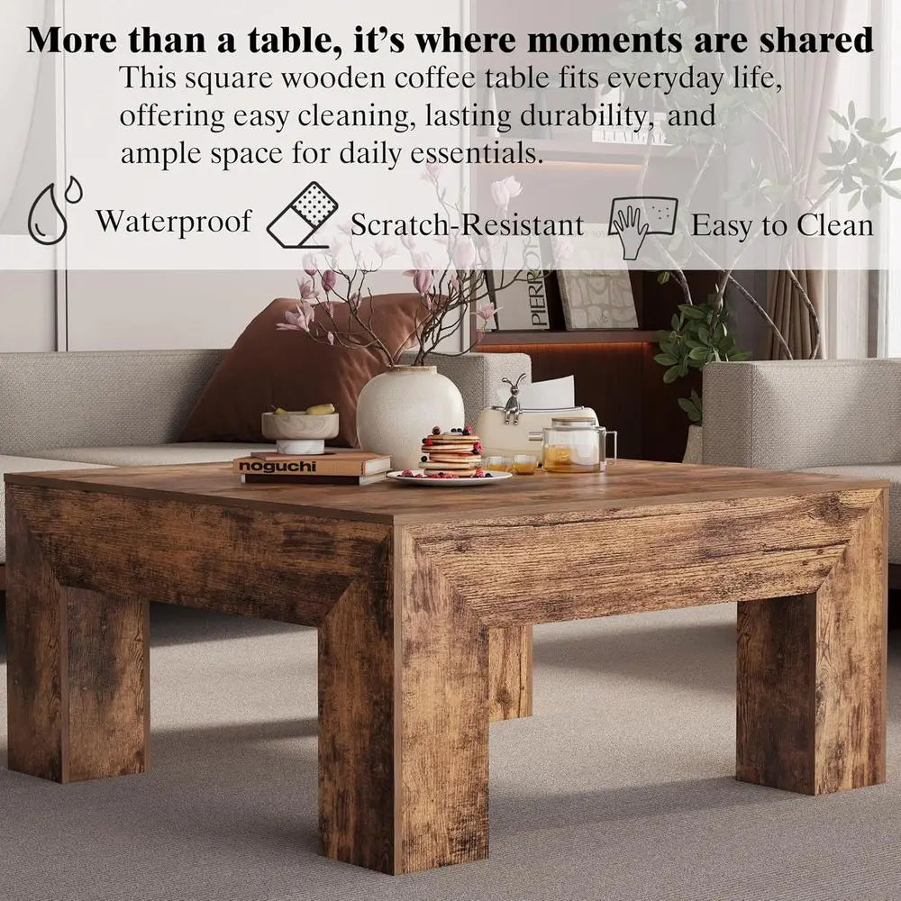 Wooden Square Coee Table,35.5 inch armhouse Low Cocktail with Thick Base or Living Room (Rustic Brown)