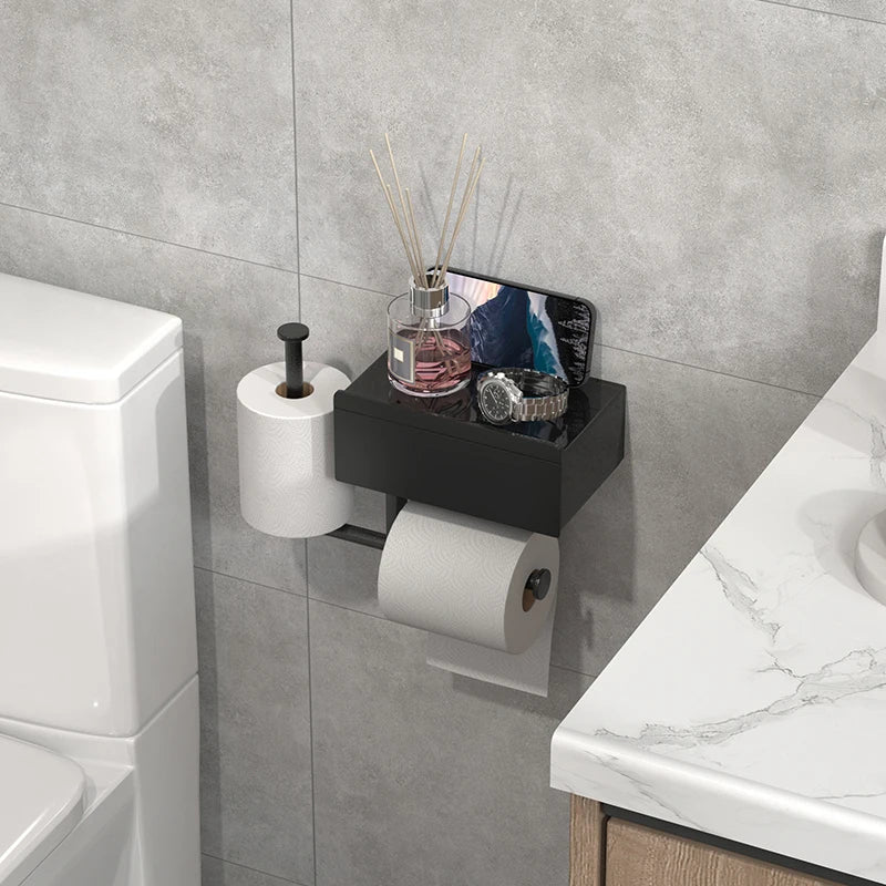 Black wall mounted toilet paper holder with shelf, no drilling required, drawer style tissue box, essential bathroom organizer