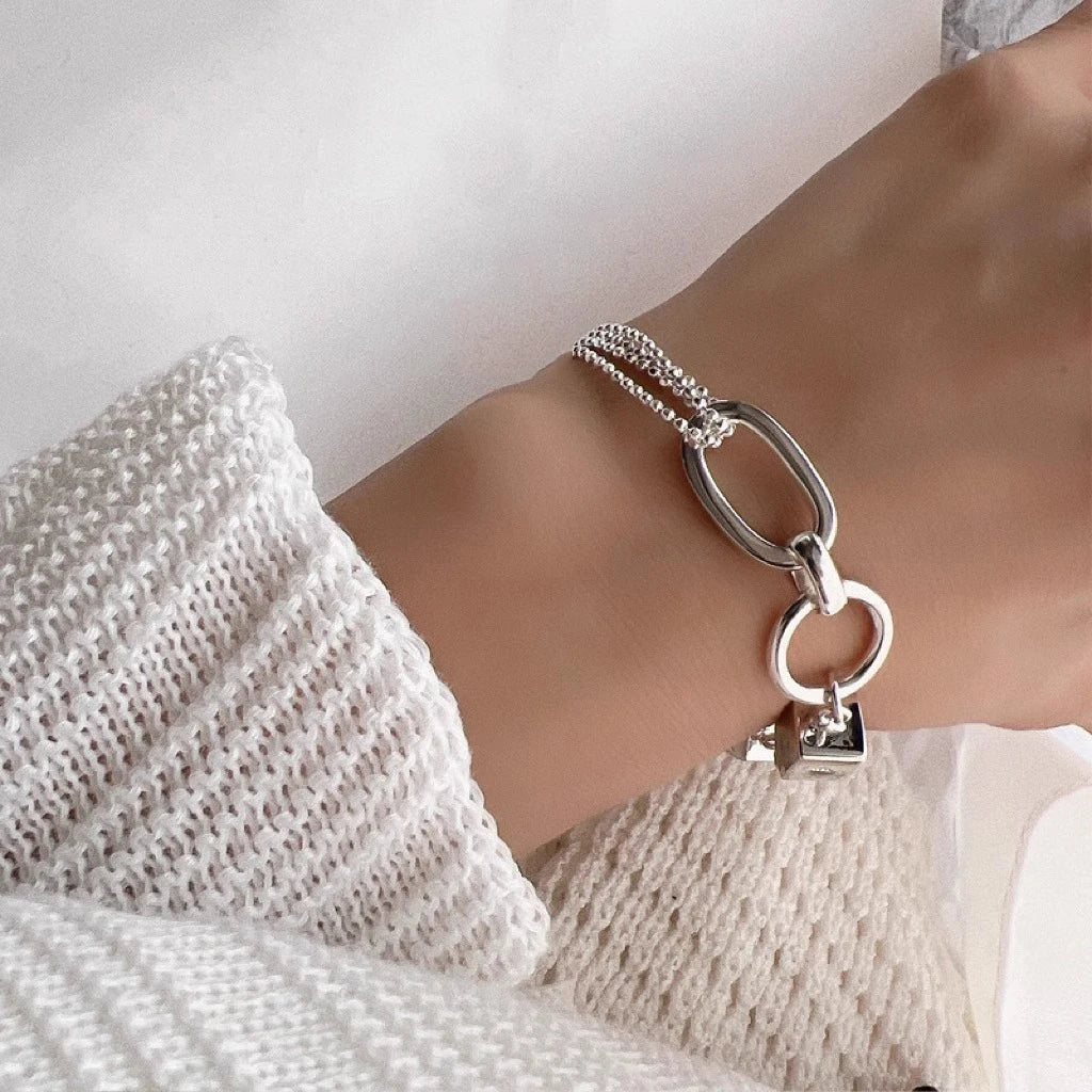 925 Sterling Silver Bracelet Geometric Cube Circle Punk Asymmetric Beaded For Woman Girl Fashion Jewelry Gift Dropship Wholesale