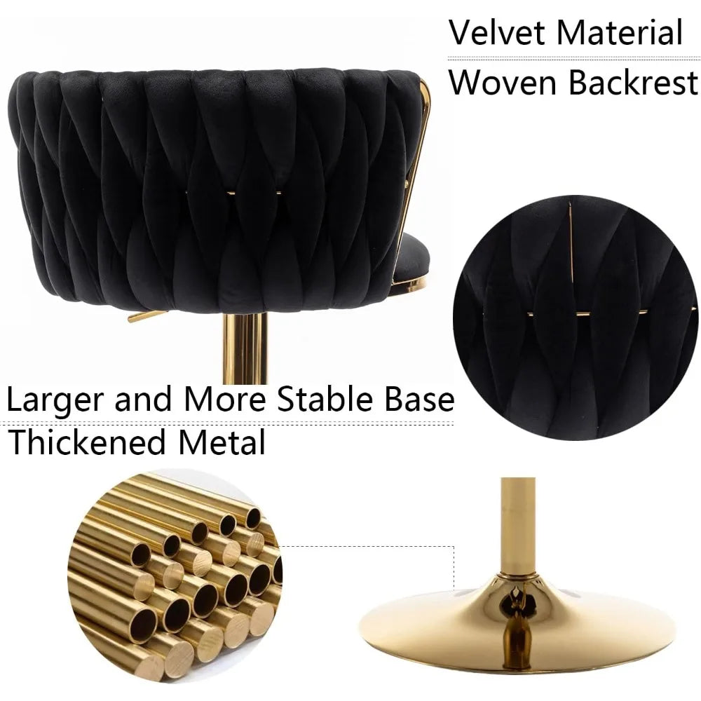 Gold Velvet Bar Stools Set of 4, Swivel Counter Height Bar Stools with Back, Adjustable Woven Barstools for Kitchen Island, Pub