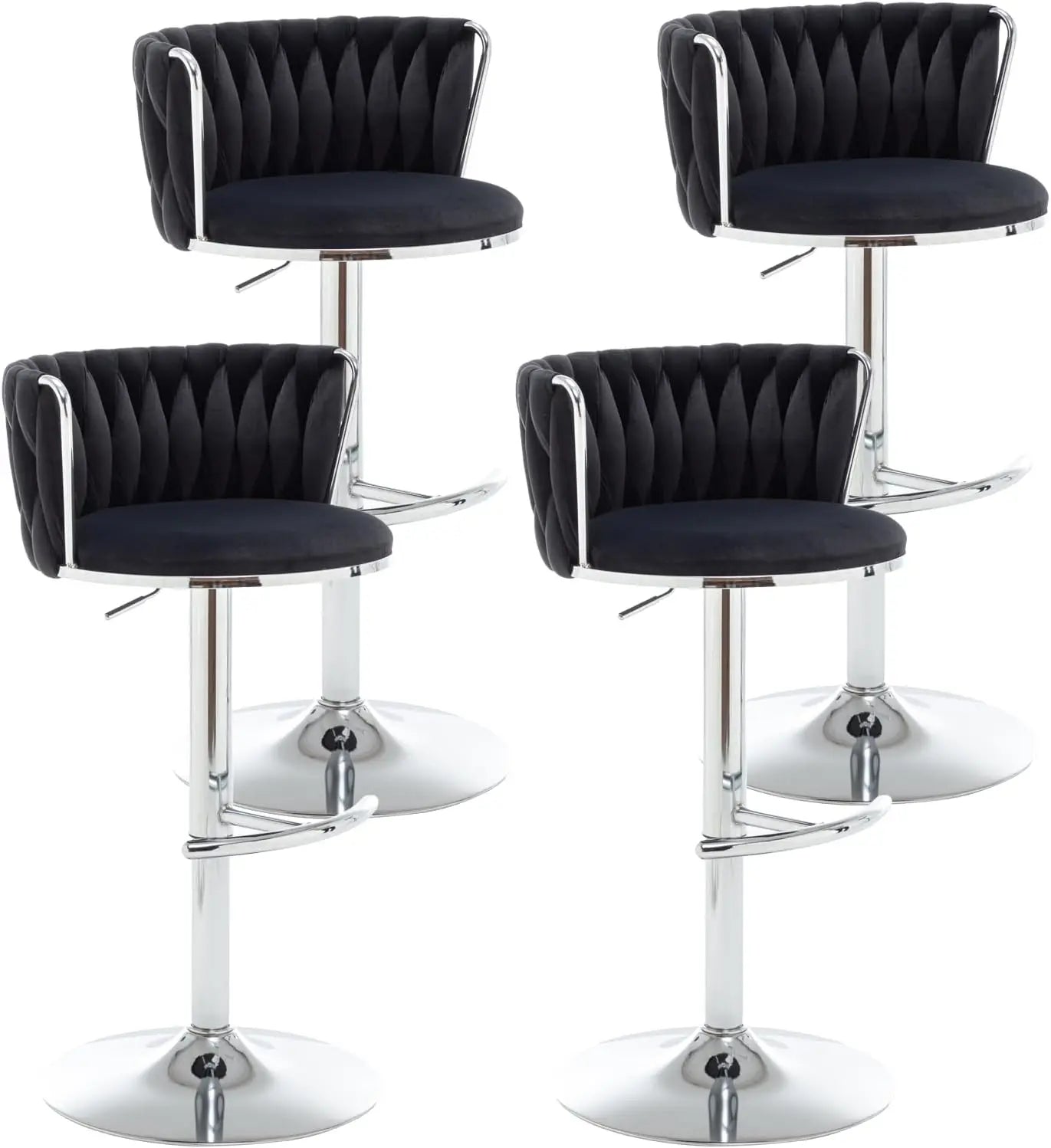 Gold Velvet Bar Stools Set of 4, Swivel Counter Height Bar Stools with Back, Adjustable Woven Barstools for Kitchen Island, Pub