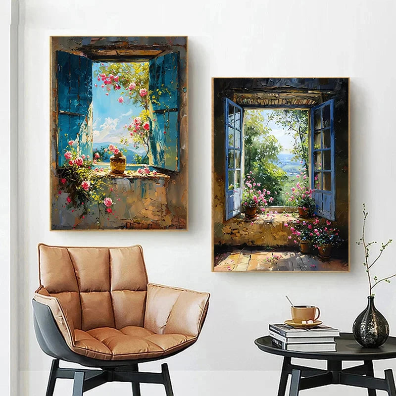 Abstract Colorful Graffiti Town Window Landscape Canvas Painting Modern Art Sea View Aesthetic Posters Prints Living Room Decor