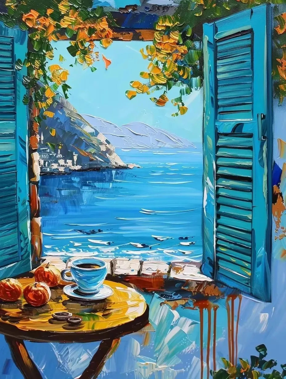 Abstract Colorful Graffiti Town Window Landscape Canvas Painting Modern Art Sea View Aesthetic Posters Prints Living Room Decor
