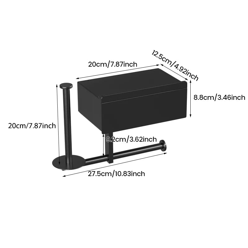 Black wall mounted toilet paper holder with shelf, no drilling required, drawer style tissue box, essential bathroom organizer