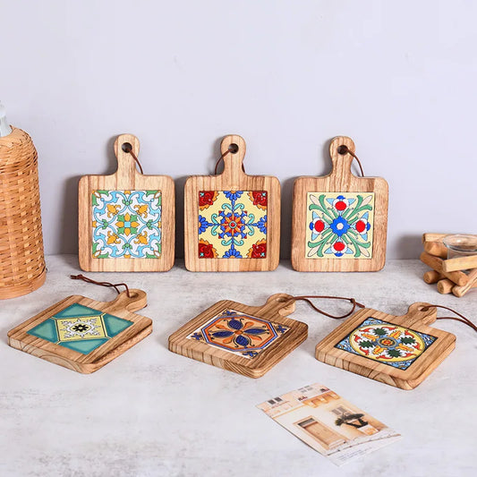 Vintage Insulation Mat Flower Brick Pot Mat Wooden Plate Coaster Solid Wood Dining Mat Soup Making Mat Sand Pot Wooden Mat