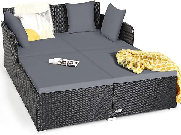 Outdoor Rattan Daybed, Sunbed Wicker Furniture w/Spacious Seat, Upholstered Cushion & High-Resilience Sponge, Wicker Patio Sofa