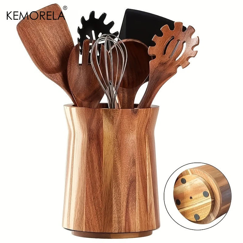 360-Degree Rotating Utensil Holder - Wooden Countertop Organizer for Spoons, Spatulas, Ladles, Space-Saving Spinning Caddy