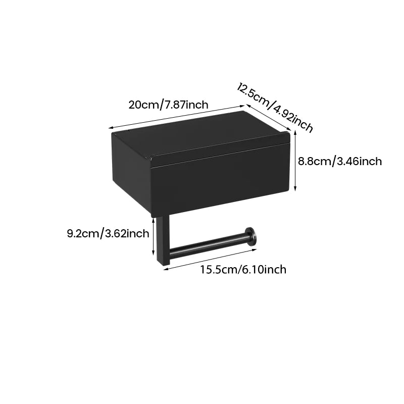 Black wall mounted toilet paper holder with shelf, no drilling required, drawer style tissue box, essential bathroom organizer