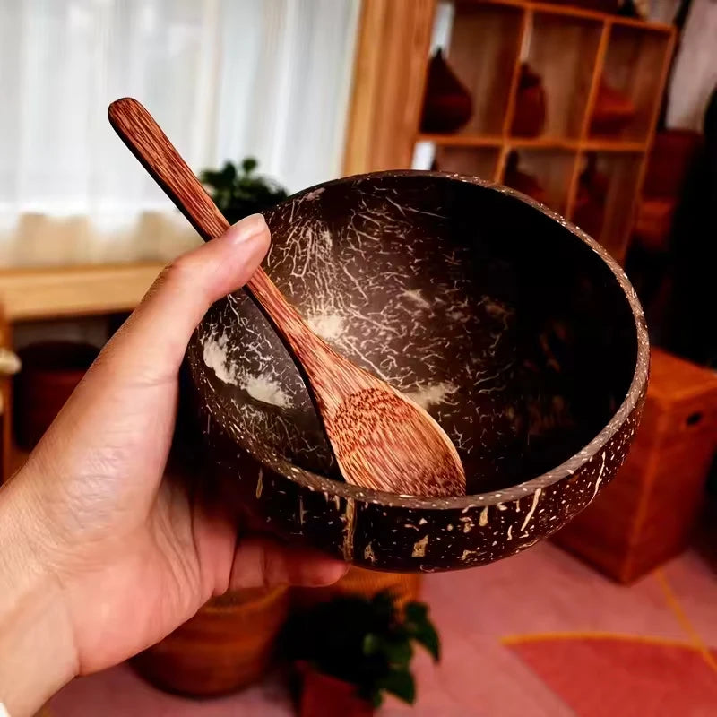 Natural Coconut Bowl Set Salad Smoothie Bowls Wooden Ramen Bowl Coconut Spoon Set Coco Smoothie Kitchen Tableware Coconut Bowl