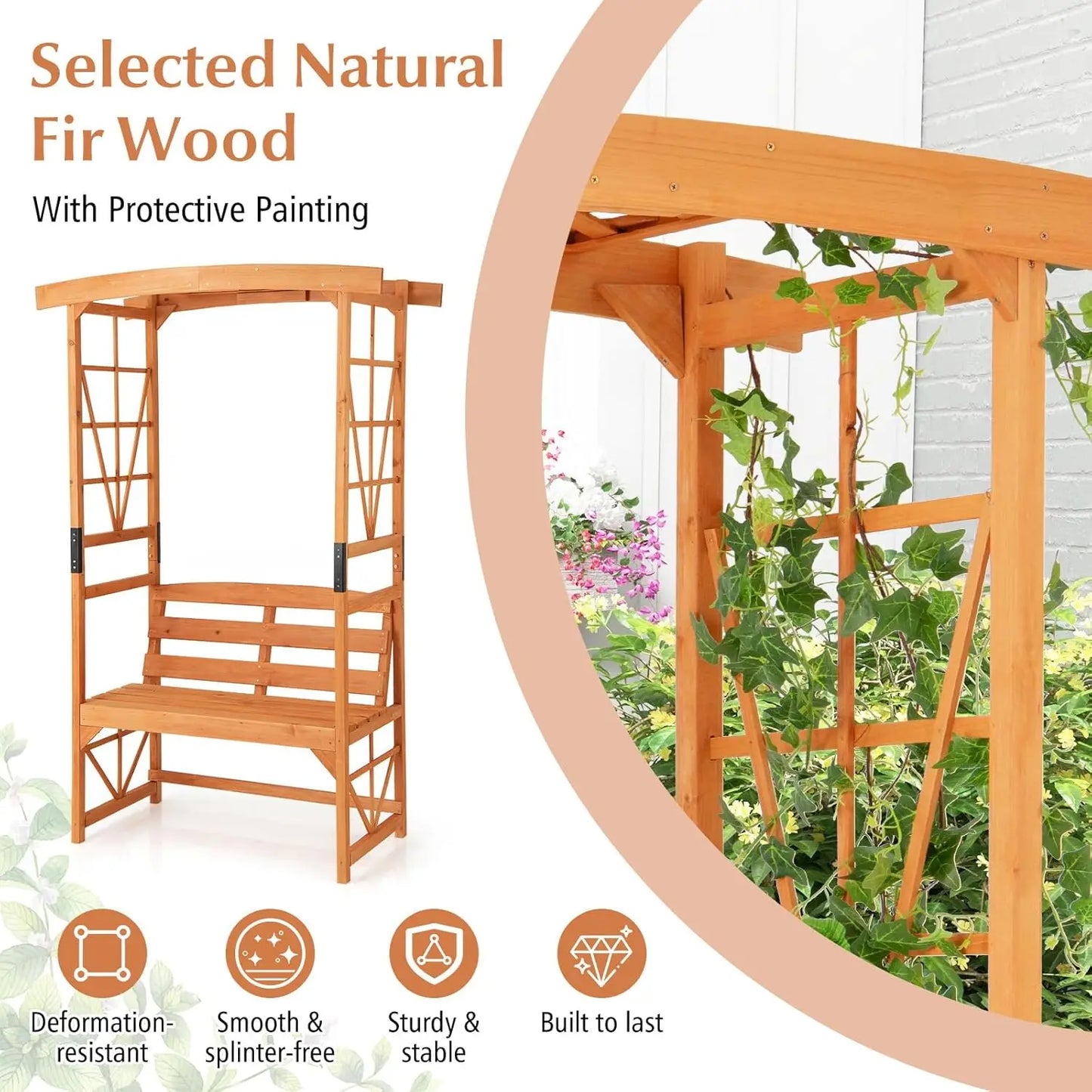 Wooden Arbor Bench with Trellis for Climbing Plants 48''W x 75''H Outdoor Lawn Wedding Decor, Customized