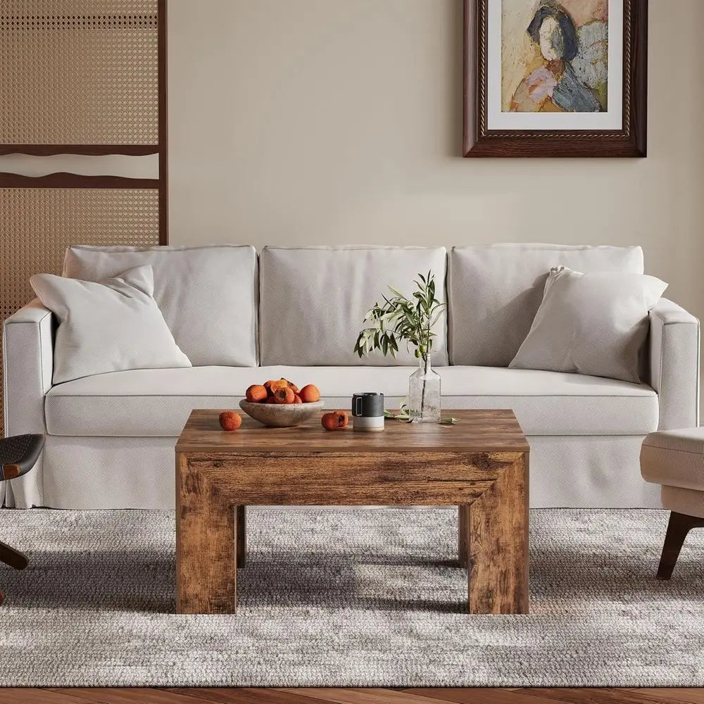 Wooden Square Coee Table,35.5 inch armhouse Low Cocktail with Thick Base or Living Room (Rustic Brown)