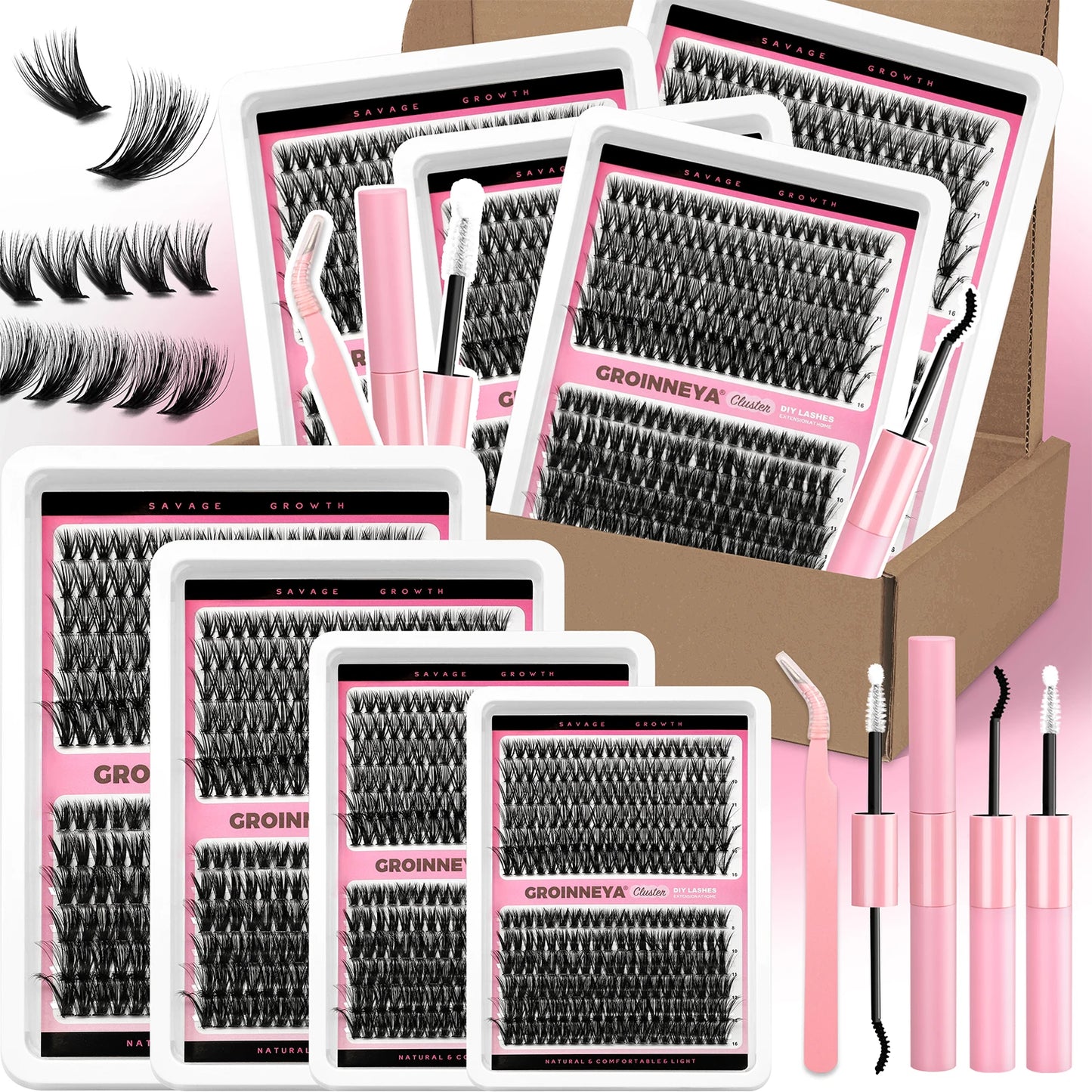 GROINNEYA DIY False Eyelashes Kit High Capacity Individual Lashes Extension Mixed Tray Volume 60P+80P Clusters Lashes Set Makeup
