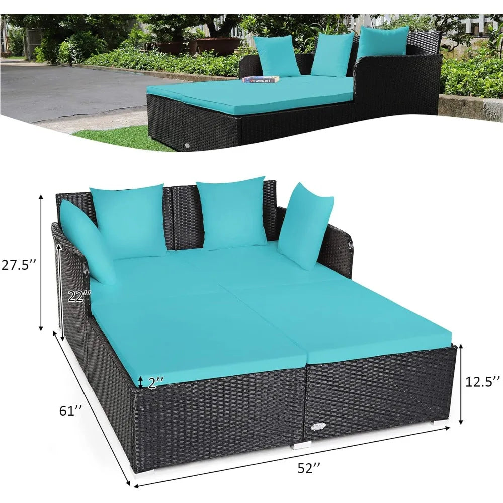 Outdoor Rattan Daybed, Sunbed Wicker Furniture w/Spacious Seat, Upholstered Cushion & High-Resilience Sponge, Wicker Patio Sofa