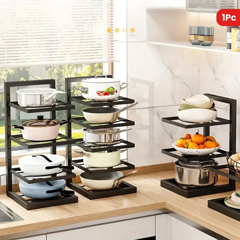 1pc Height Adjustable 3/4 Layer Pot Rack Storage Rack Stainless Steel Under Sink Household Cabinet Rack Kitchen Supplies