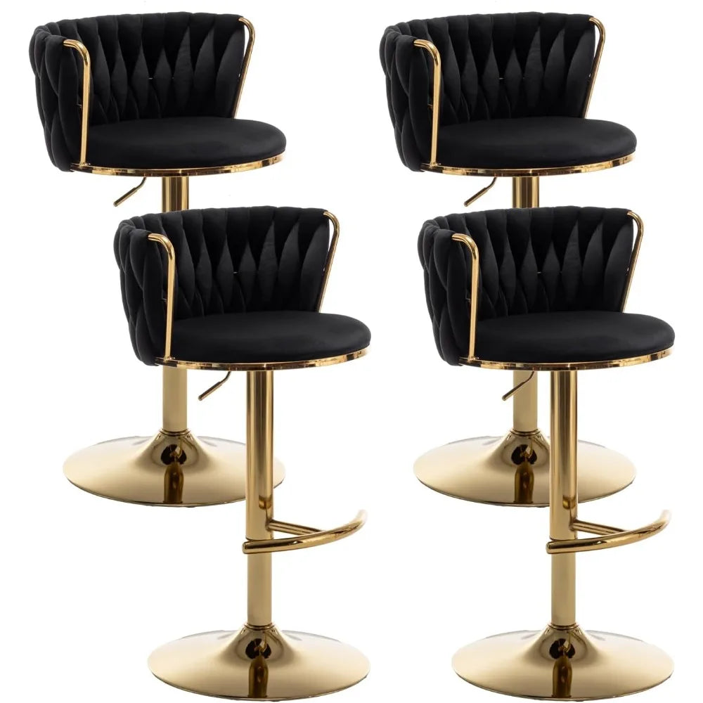Gold Velvet Bar Stools Set of 4, Swivel Counter Height Bar Stools with Back, Adjustable Woven Barstools for Kitchen Island, Pub