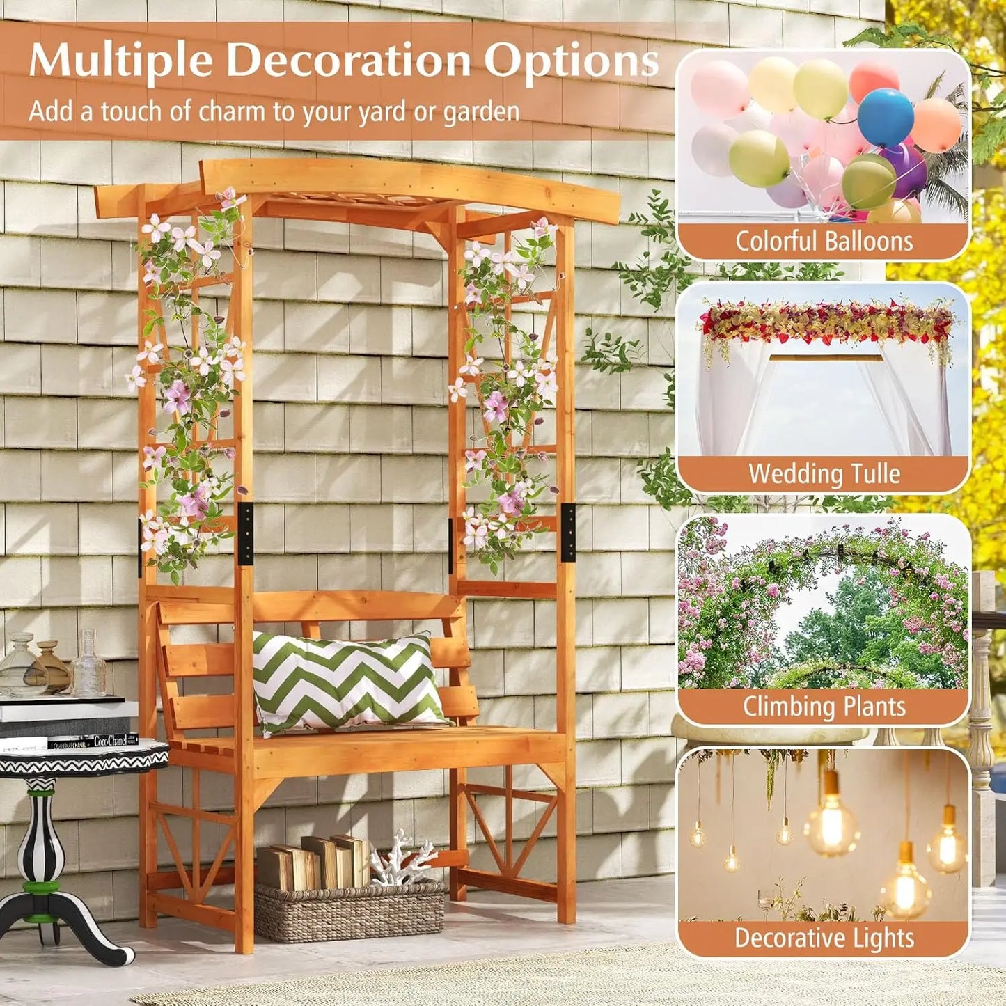 Wooden Arbor Bench with Trellis for Climbing Plants 48''W x 75''H Outdoor Lawn Wedding Decor, Customized
