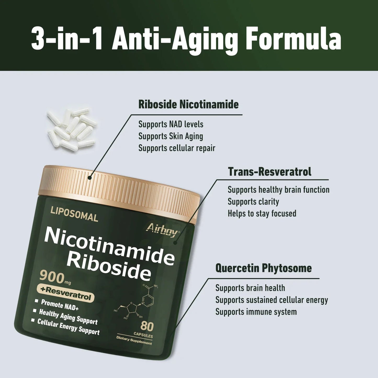 Nerve Protection, Delay Aging, Protect Blood Vessels NAD+ Supplement - Liposomal Nicotinamide Riboside 900mg, Resveratrol