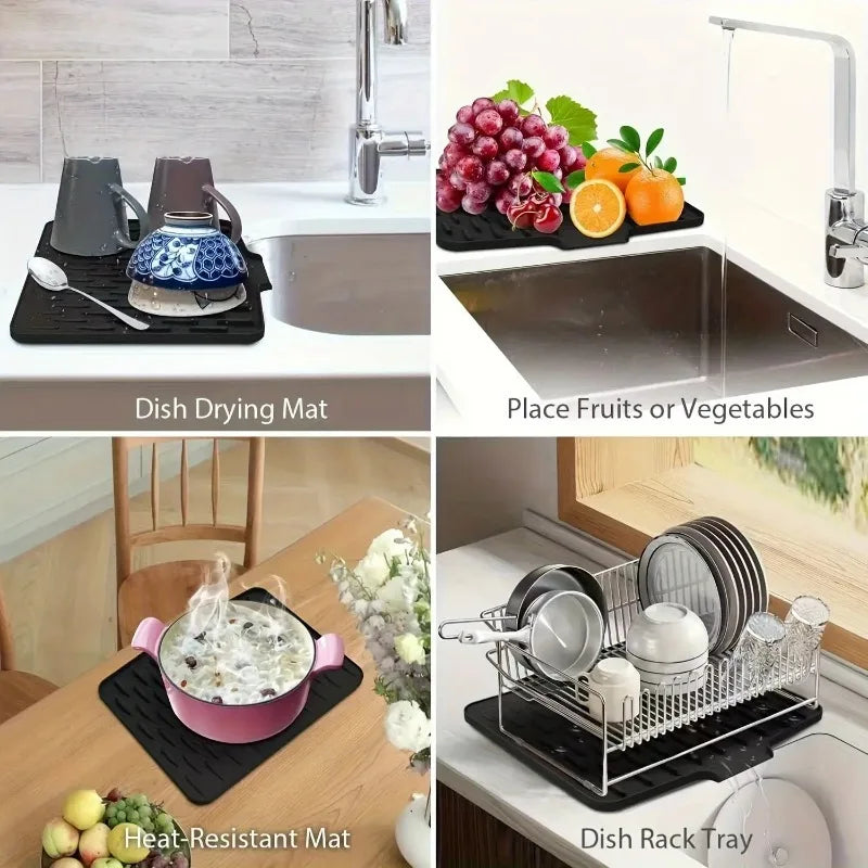 Non-Slip Silicone Kitchen Drain Mat with Built-in Drainage Design, Heat-Resistant and Easy to Clean, Suitable for Countertops