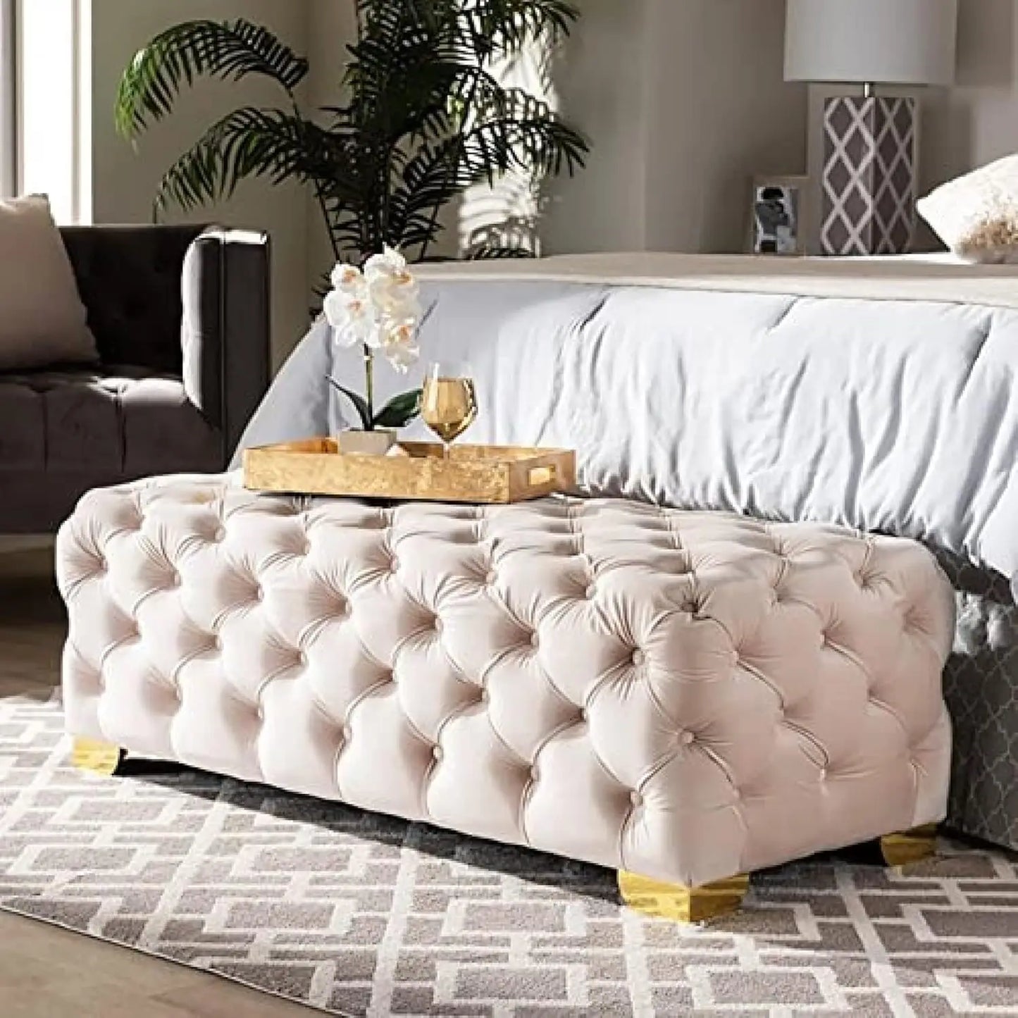 Rectangular End of Bed Bench Velvet Fabic,Button Tufted Upholstered Entryway Bench,Luxurious Bedside, Customized