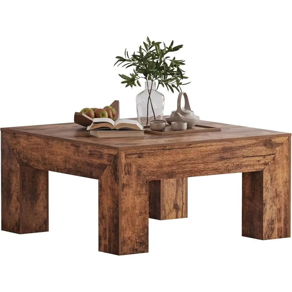 Wooden Square Coee Table,35.5 inch armhouse Low Cocktail with Thick Base or Living Room (Rustic Brown)