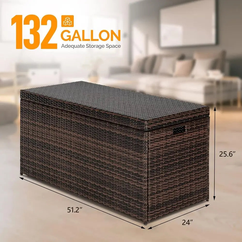 132 Gallon Wicker Storage Box - Patio Rattan Deck Bench for Outdoor, Indoor, Pool, Balcony, Yard, Garden - Brown