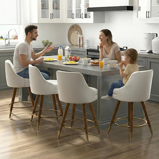 Counter Height Bar Stools Set of 4, 24" Leather White Bar Stools with Backs, Swivel Counter Stools with Wooden Legs, Customized