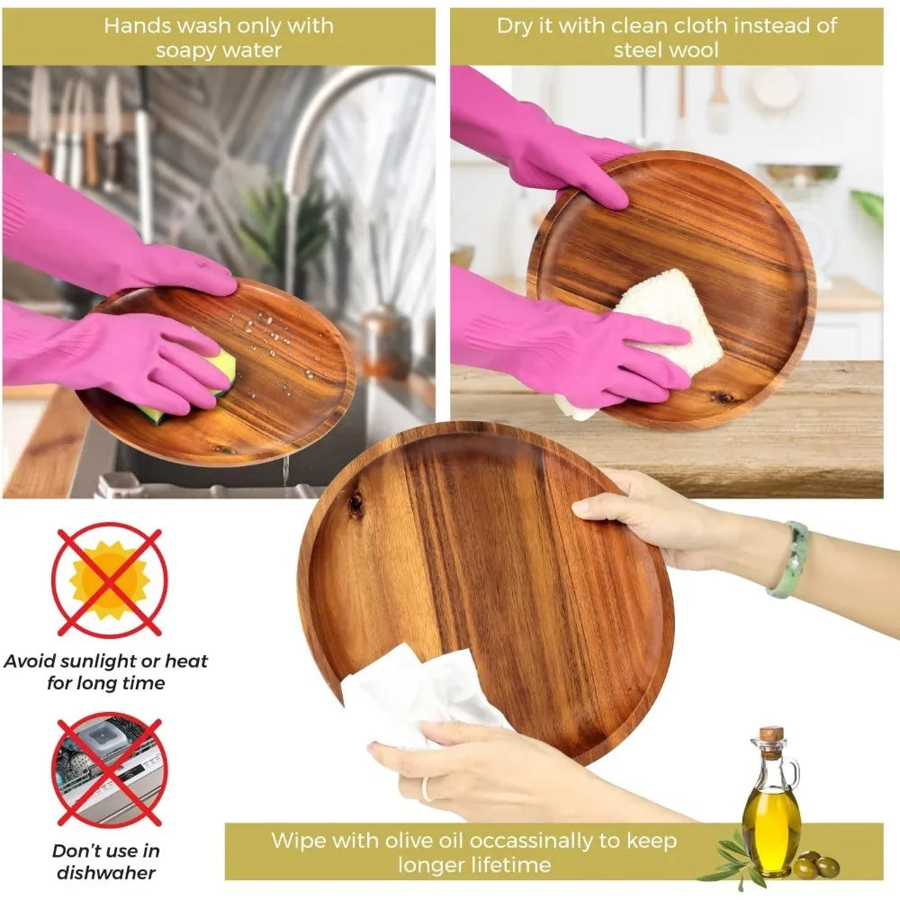 20/25cm Acacia Wood Round Wooden Dinner Tray Easy To Clean, Pizza Salad Tray Fruit Dessert Tray, Snack Tray, Stackable, Reusable