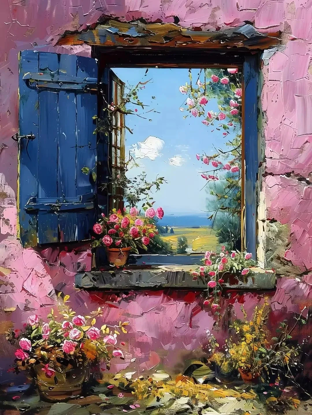 Abstract Colorful Graffiti Town Window Landscape Canvas Painting Modern Art Sea View Aesthetic Posters Prints Living Room Decor