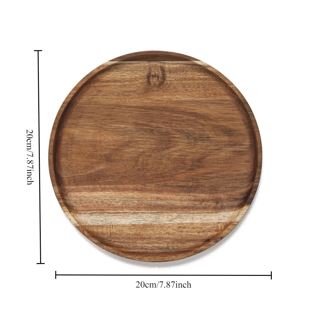 20/25cm Acacia Wood Round Wooden Dinner Tray Easy To Clean, Pizza Salad Tray Fruit Dessert Tray, Snack Tray, Stackable, Reusable