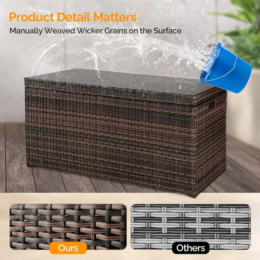 132 Gallon Wicker Storage Box - Patio Rattan Deck Bench for Outdoor, Indoor, Pool, Balcony, Yard, Garden - Brown