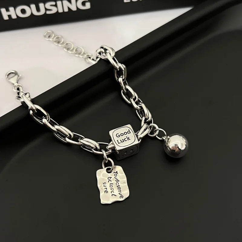 925 Sterling Silver Bracelet Geometric Cube Circle Punk Asymmetric Beaded For Woman Girl Fashion Jewelry Gift Dropship Wholesale